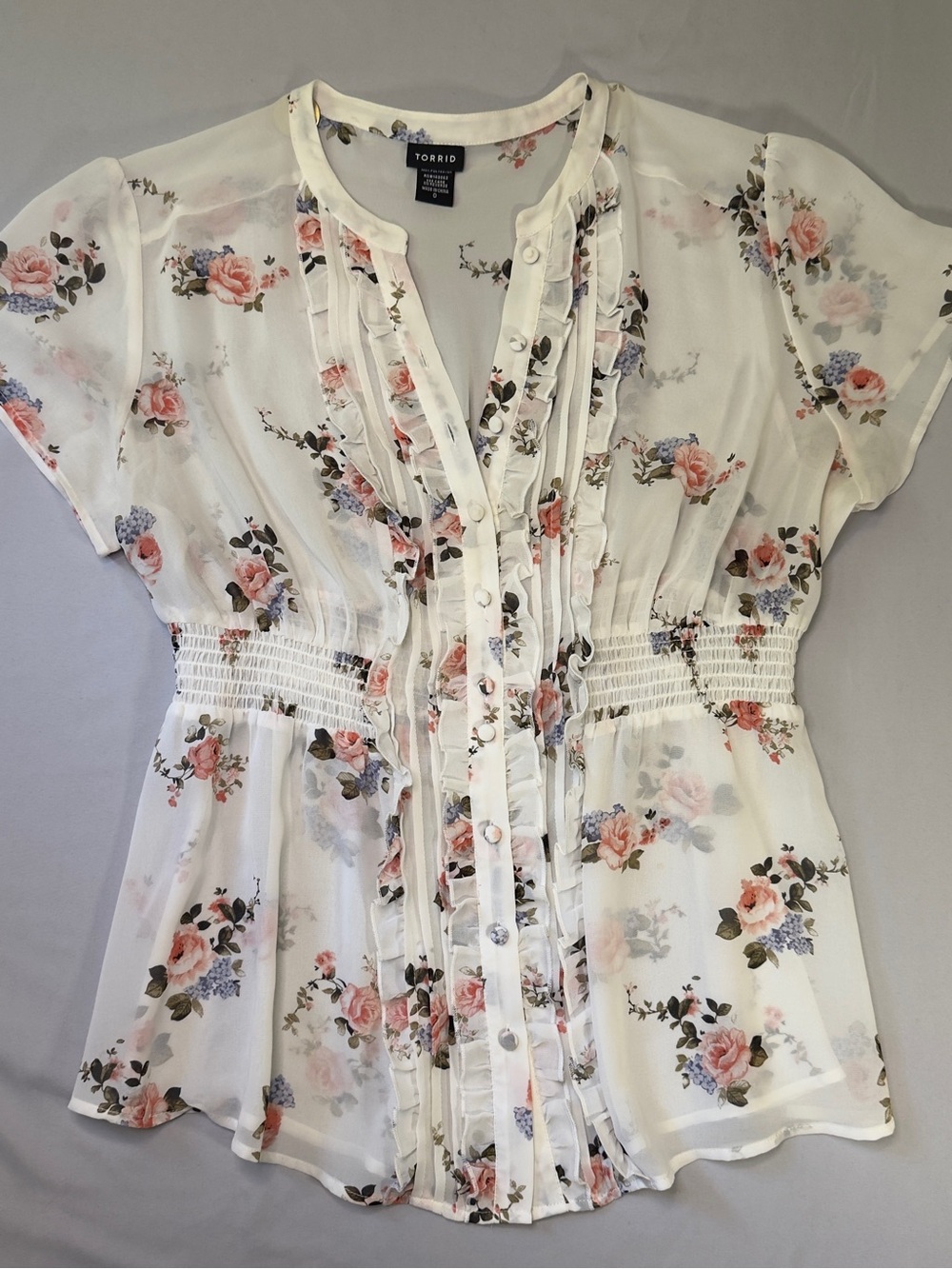 torrid Sheer White Floral Ruffle-Front Smocked Blouse, size 0 standard L or 12 - Picture 1 of 7